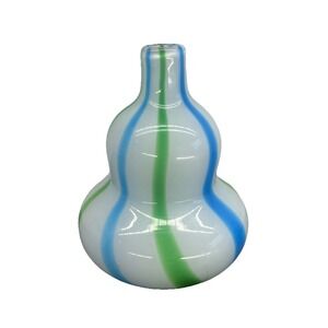 Vintage Hand Blown Cased Stretch  Art Glass Gourd Vase White Green Blue Stripes